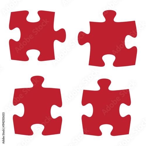 Four red puzzle pieces on white background for problem solving and teamwork concepts