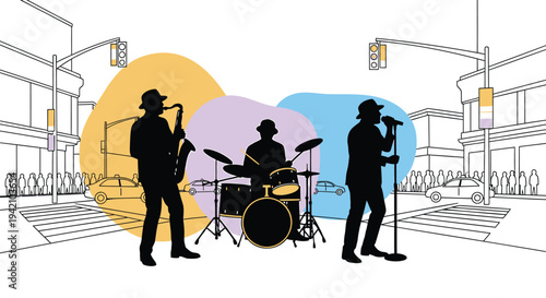 Vector illustration of a music band performing on stage