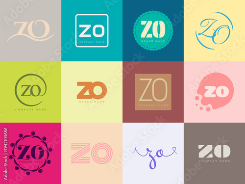 ZO logo company template. Letter z and o logotype. Set different classic serif lettering and modern bold text with design elements. Initial font typography.