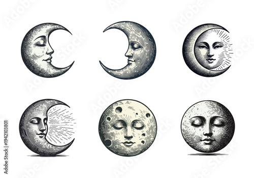 Vintage Engraved Moon Faces Collection - Celestial Art Illustrations