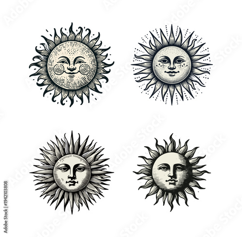 Engraved Sun Face Set with Celestial Rays and Mythological Styling