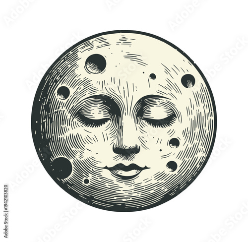 Vintage Sleeping Moon Face Engraving Illustration