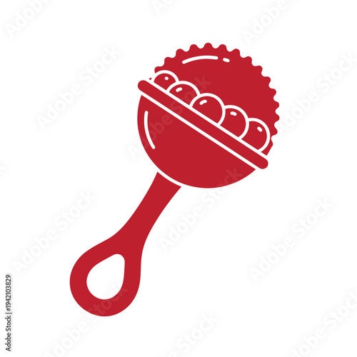 Red baby rattle toy with balls inside isolated on white background