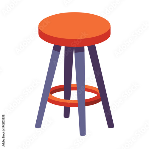 Modern isometric bar stool design with bright orange seat and dark purple legs for home decor