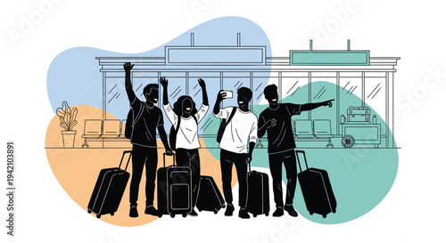 Vector illustration of people with luggage at airport, travelers