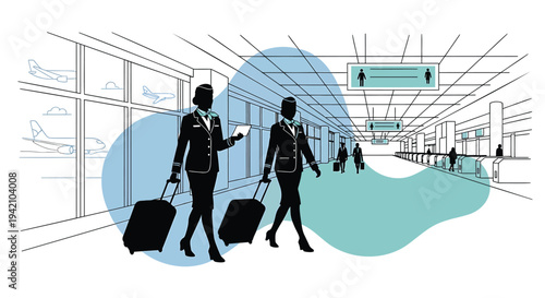 Vector illustration of business travelers walking in airport terminal