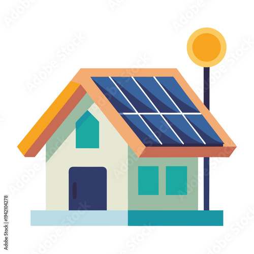 Modern Eco Friendly Home with Solar Panels on Roof and Smart Energy Pole Sustainable Living