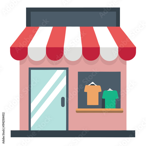 A charming small business storefront building with a striped awning and displayed apparel in the window