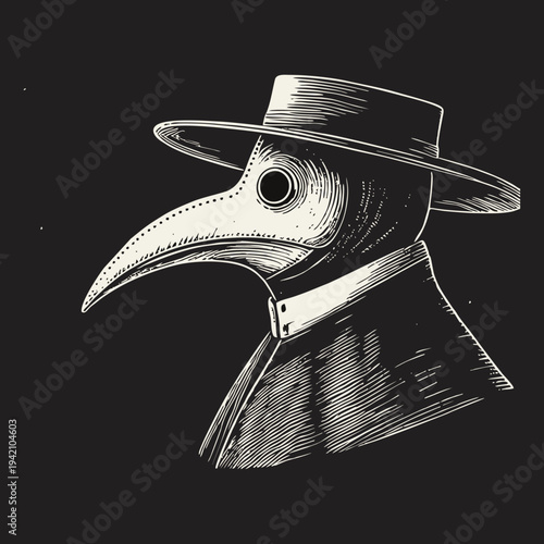 Plague Doctor Mask and Hat Historical Engraving Illustration