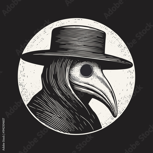 Vintage Engraved Plague Doctor Profile with Beak Mask and Wide-Brimmed Hat