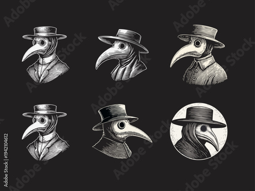 Vintage Engraving Style Plague Doctor Mask and Hat Illustrations Set