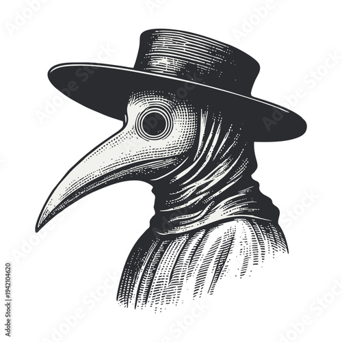 Plague Doctor Mask and Hat, Vintage Engraving Style Portrait