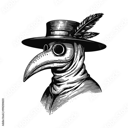 Plague Doctor Engraving with Hat and Feather - Historical Bird Mask Illustration
