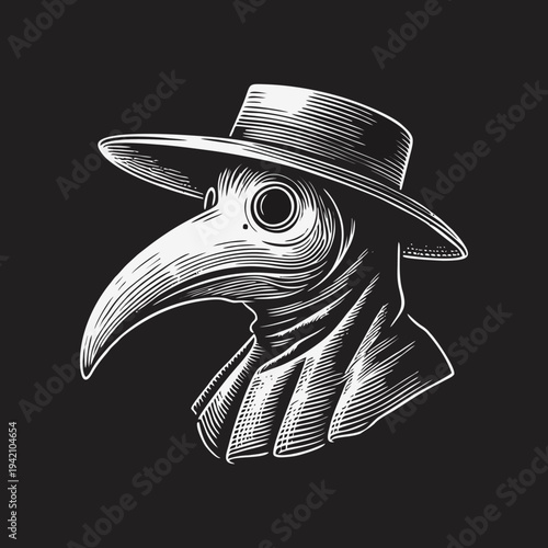 Vintage Engraving of a Plague Doctor Head with Beaked Mask and Hat