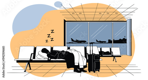 Vector illustration of a tired traveler sleeping on an airport bench