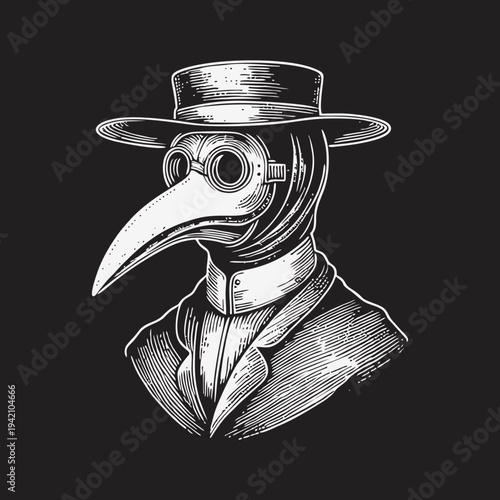 Black and White Engraving of a Vintage Plague Doctor Mask and Hat