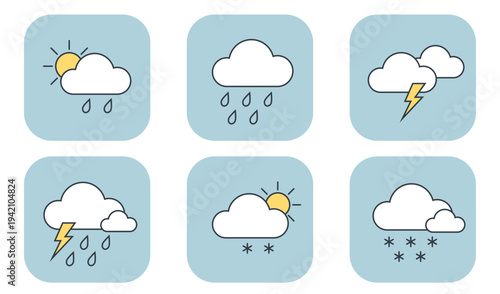 Weather forecast icon set with rain, thunderstorm, snow, and sunny clouds. Hand drawn vector illustrations