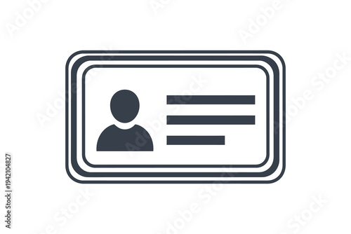 A simple icon of an identification card with a person's silhouette and placeholder text on a clean white background for user verification and authentication purposes.