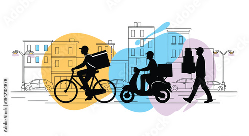 Vector illustration of city transportation, people riding bike, scooter, and walking