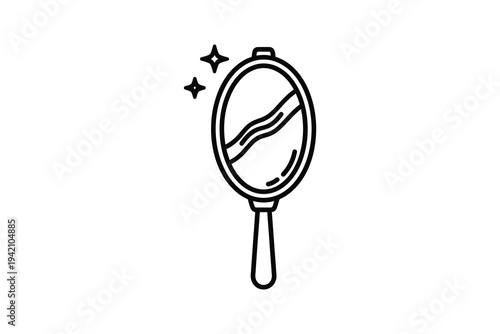 A black line art illustration of a handheld mirror with sparkles reflecting a face with a wrinkle, symbolizing skincare and beauty routine.