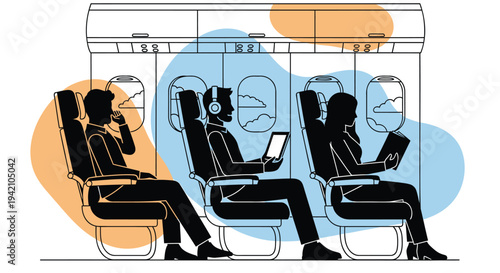 Vector illustration of 3 people sitting on a train or subway
