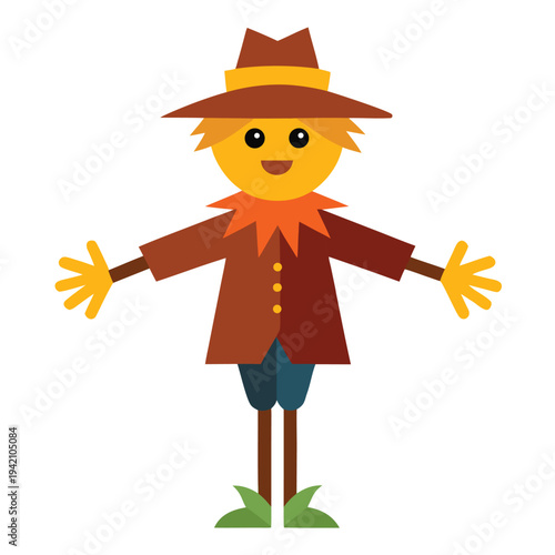 Cheerful scarecrow character standing in a field for autumn harvest season