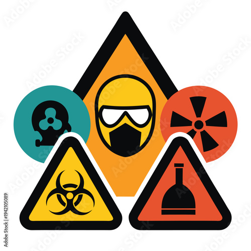 Collection of safety warning symbols for hazardous materials and personal protection