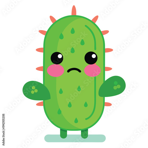 Adorable kawaii green cactus character with a sad worried face and pink spikes