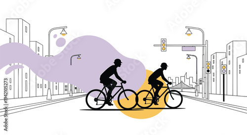 Vector illustration of two cyclists riding bicycles on city street