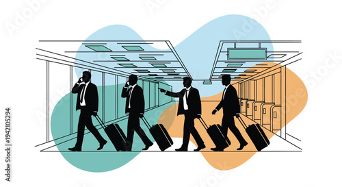 Vector illustration of business travelers walking with luggage in airport