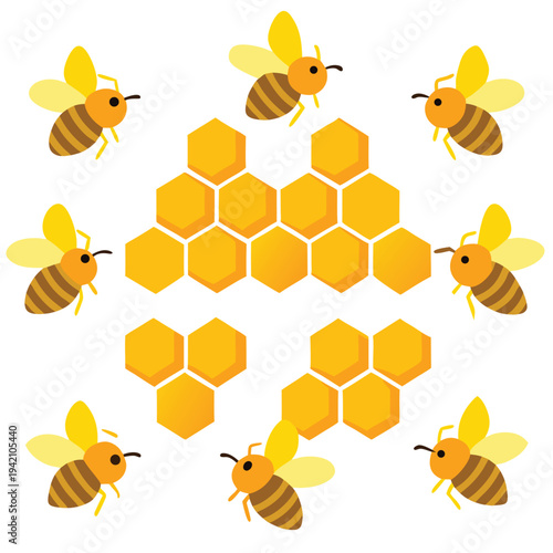 Cartoon bees flying around yellow honeycombs forming a sweet nature scene