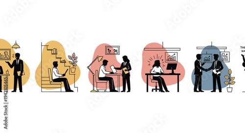 Set of 6 office worker icons vector, people at work illustrations