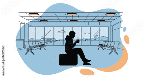 Vector illustration of a person sitting with luggage in an airport terminal