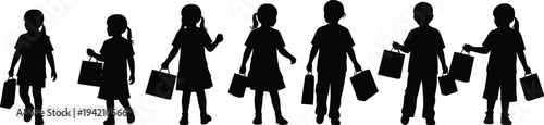 Children silhouettes carrying shopping bags walking together representing kids shopping, retail activity, childhood lifestyle concept isolated on white background