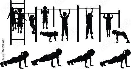 Children silhouettes exercising on playground bars doing pull ups, climbing and push ups representing kids fitness, outdoor activity and healthy lifestyle
