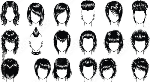 Collection of trendy men and women hairstyle silhouettes featuring modern short, layered, punk and bob haircuts isolated for fashion design reference