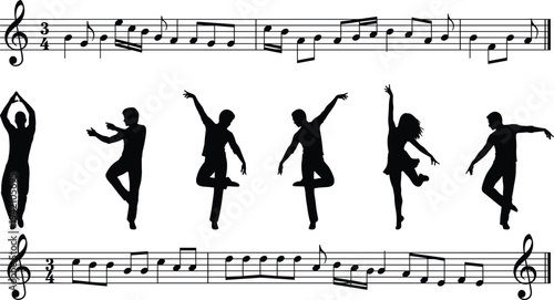 Dancing people silhouettes with musical notes and staff representing dance performance, rhythm, music movement and artistic expression concept