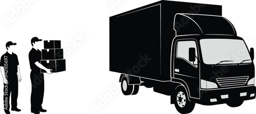 Delivery workers loading boxes to cargo truck silhouette illustration representing logistics shipping service, courier distribution, warehouse transport and supply chain concept
