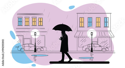 Vector illustration of a person walking with umbrella on rainy city street