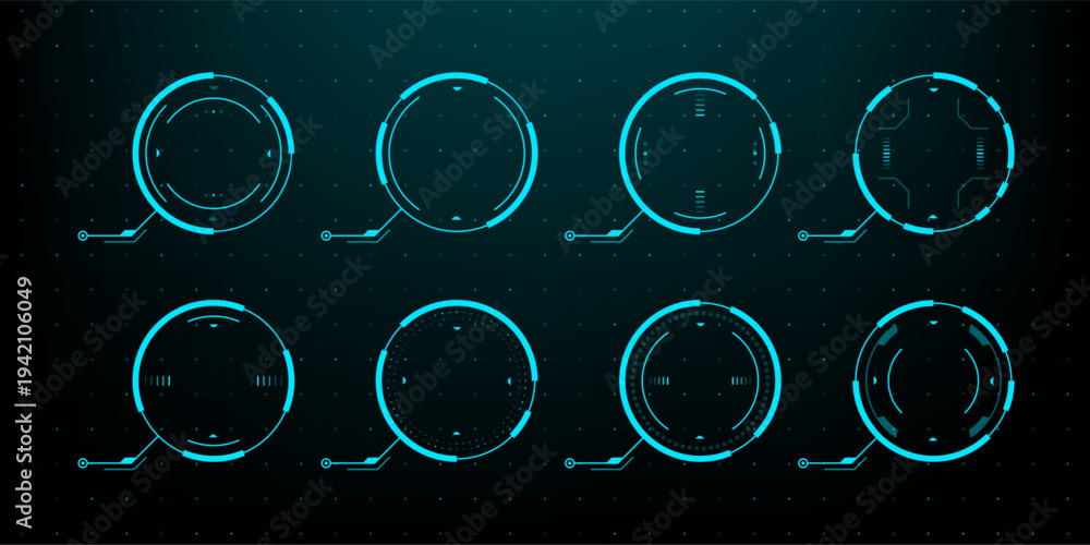 Fototapeta premium Blue glowing HUD circle elements set on dark technical background. Futuristic interface design components. Digital target and radar scope visualization for gaming or tech application.