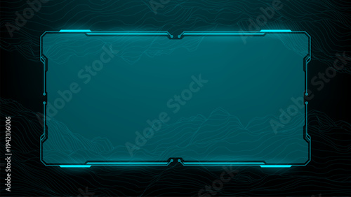 Cybernetic frame with glowing hud interface. Futuristic digital display element with abstract landscape pattern background. Tech UI overlay for data visualization and communication system.