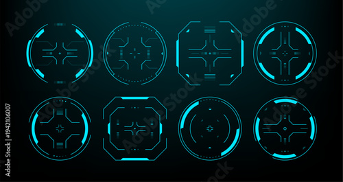 Set of blue hud vector graphic elements. Digital futuristic interface targets and user control panels for cyber space navigation, high tech gaming design and data visualization systems.