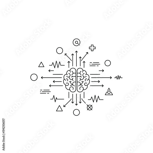 Abstract illustration of a human brain with arrows and scientific symbols radiating outwards, symbolizing thought processes and data flow.