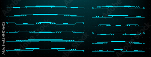 Set of blue cyan hud vector interface lower thirds and digital callout bars. Futuristic UI design elements for data display. Tech graphic information frame for computer software systems.