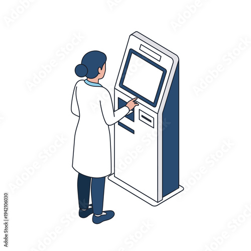 A person in a lab coat interacting with a modern self-service kiosk, likely for check-in or information.
