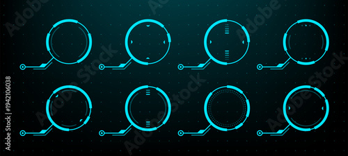 Blue circular hud vector graphic element set. Interface design for futuristic data display and tech systems. Science fiction control panel element for digital software application.