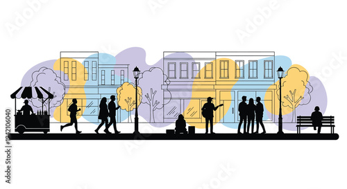 Vector cityscape silhouette with people, buildings and trees