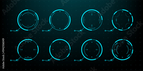 Blue glowing HUD circle elements set on dark technical background. Futuristic interface design components. Digital target and radar scope visualization for gaming or tech application.