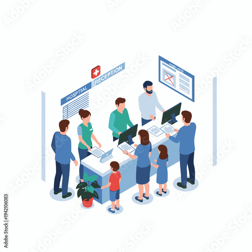 Illustration of a hospital reception desk with staff assisting patients and families, showcasing a busy healthcare environment.