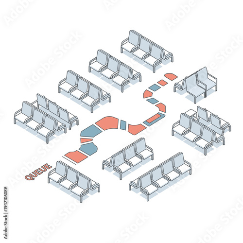 Isometric illustration of a waiting area with seats arranged in a winding queue, emphasizing social distancing measures.